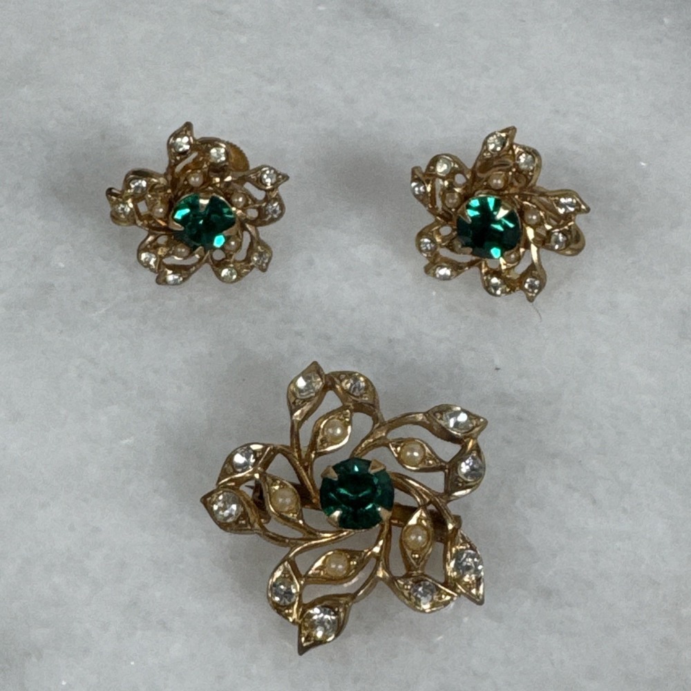 Charm Green And Silver Rhinestone gold floral Screw Back earrings And Brooch